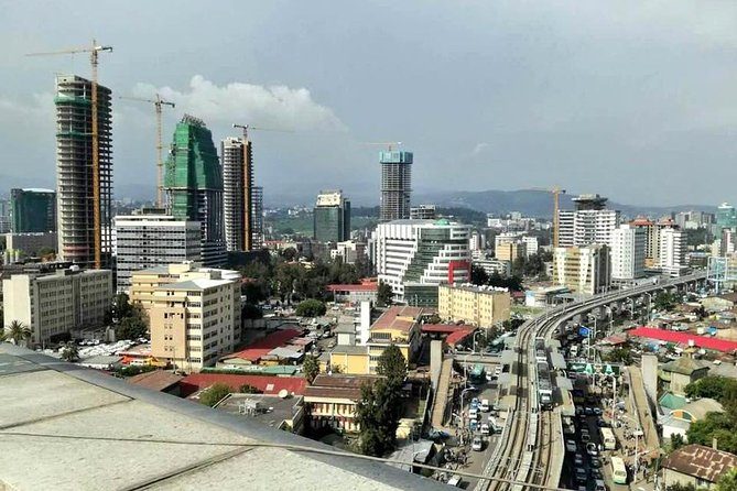The centre of Addis Ababa, its towers rising among low buildings and construction cranes